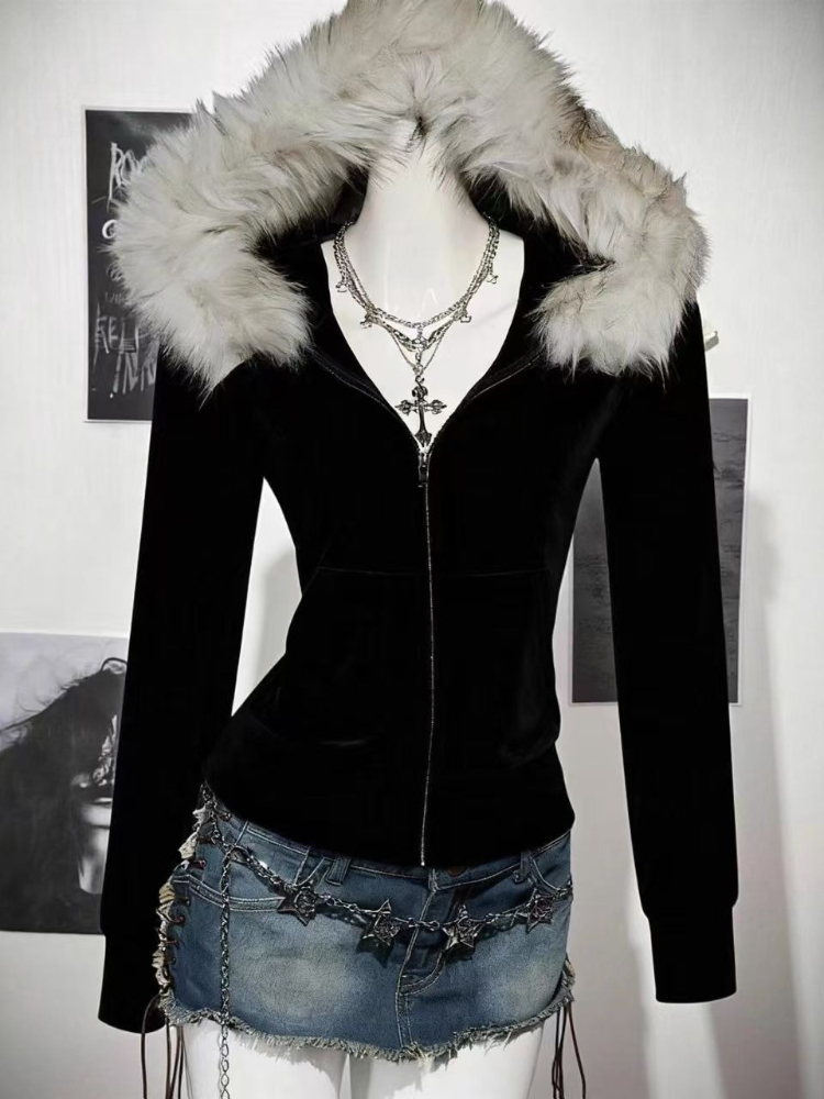 Vintage Zip Hoodie - 2026 Harajuku Kunstpelzkragen Kapuzenjacke Amerikanischer Vintage-Stil