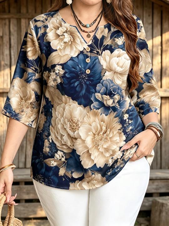 Vintage Things Collection - Damen Vintage Bluse mit großem Pfingstrosen-Blumenmuster